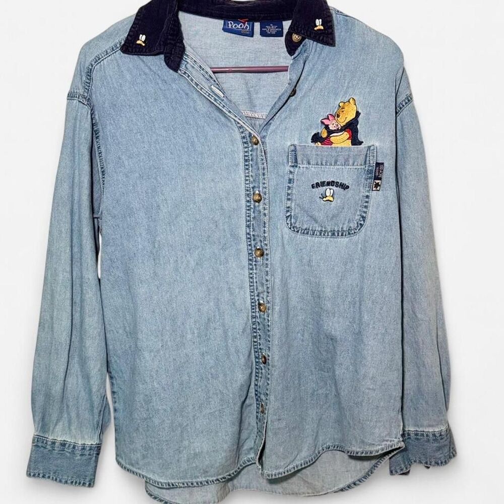 Vintage Disney 90's Winnie The Pooh Denim Button Down Pocket Shirt Embroidered